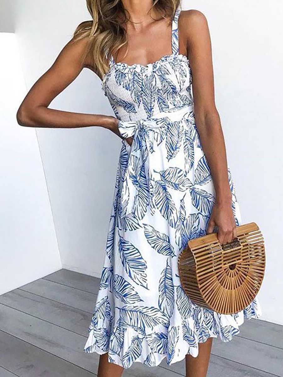 Bellevoga Sleeveless Leaf Print Spaghetti Strap Casual Wear Dress