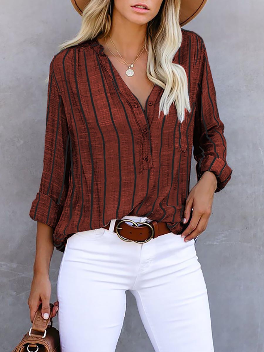 Bellevoga Loose Fashion Striped Long Sleeve Shirt(9 colors)