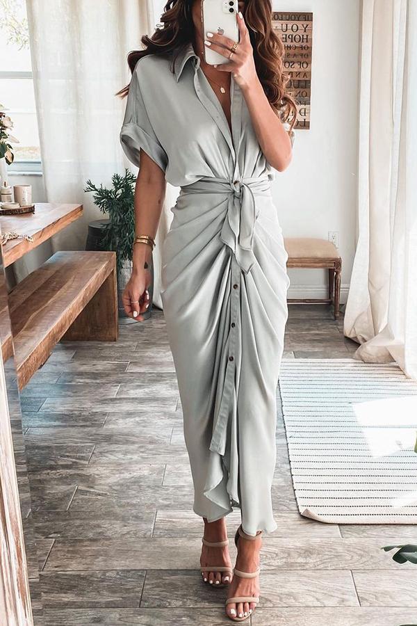 Satin Button Down Style Drape Dress