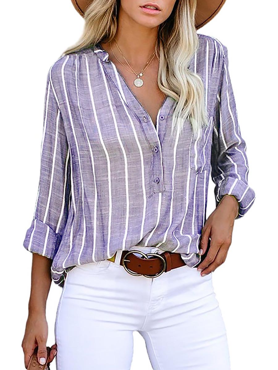 Bellevoga Loose Fashion Striped Long Sleeve Shirt(9 colors)