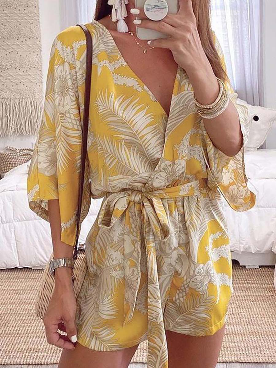 Bellevoga Plant Print Bat Sleeve Kimono Romper