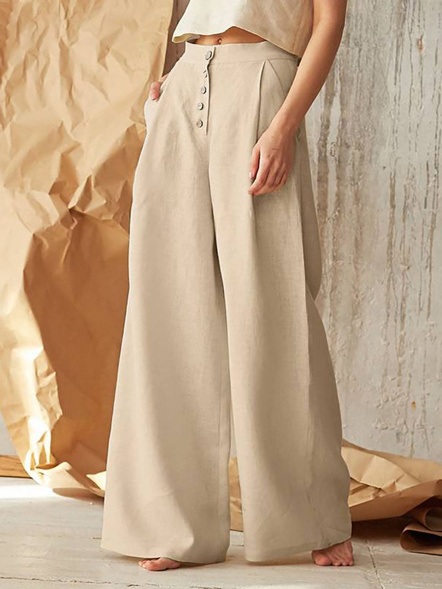 Bellevoga Solid Color High Waist Casual Button Wide Leg Pants