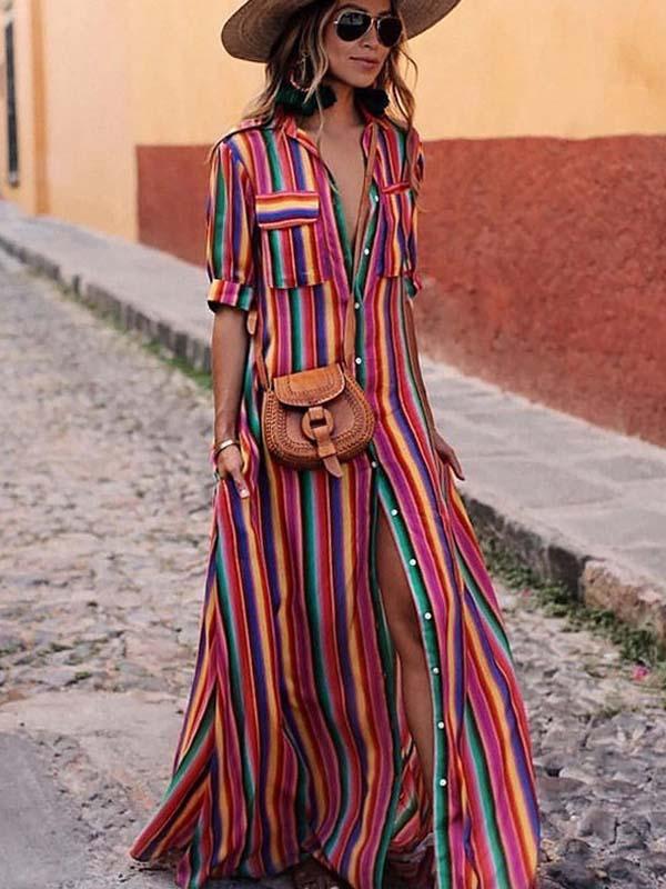 Bellevoga Bohemian Multicolor Striped Dress