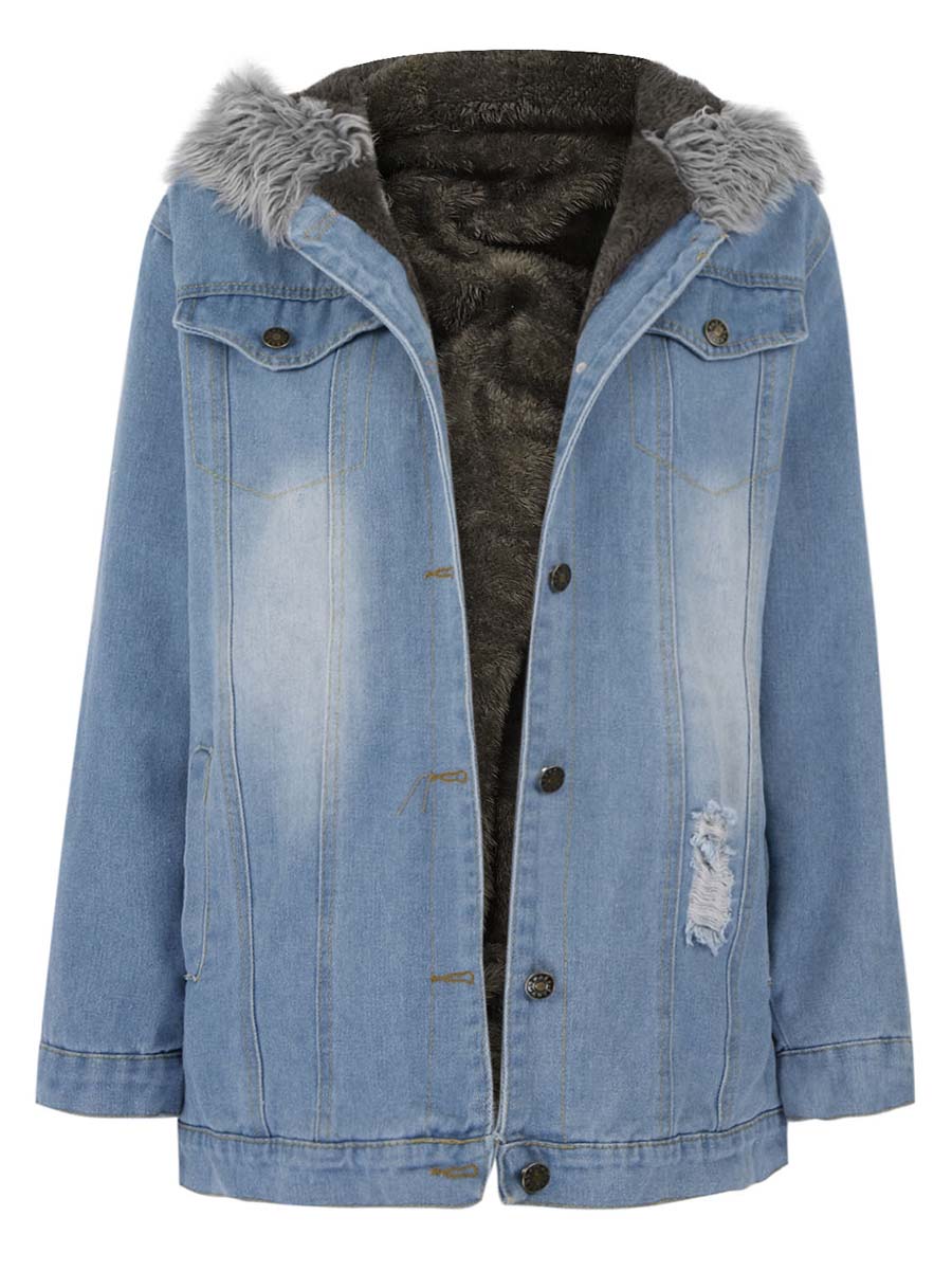 Bellevoga Padded Warm Hole Large Fur Collar Denim Jacket(4 colors)