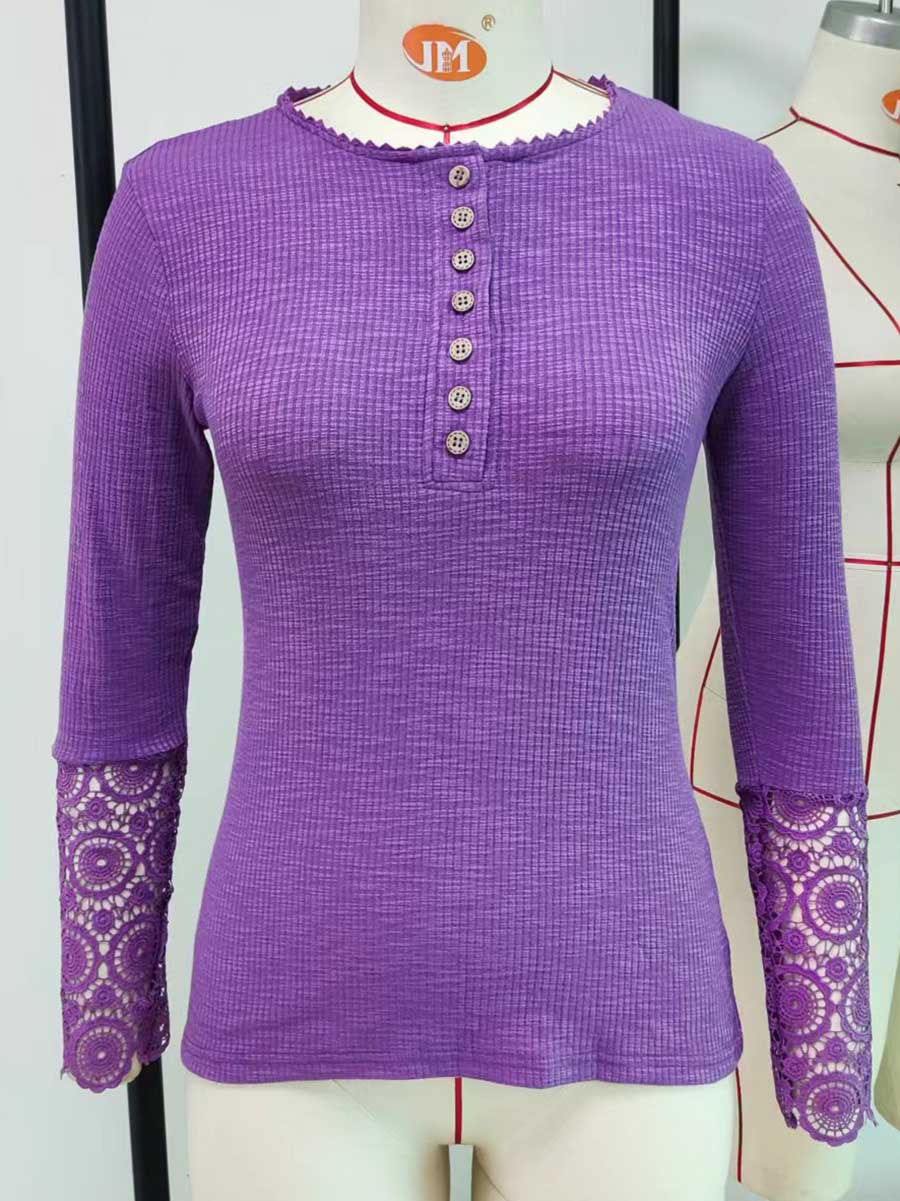 Bellevoga Round Neck Stitching Lace Long Sleeve T-Shirt(14 colors)