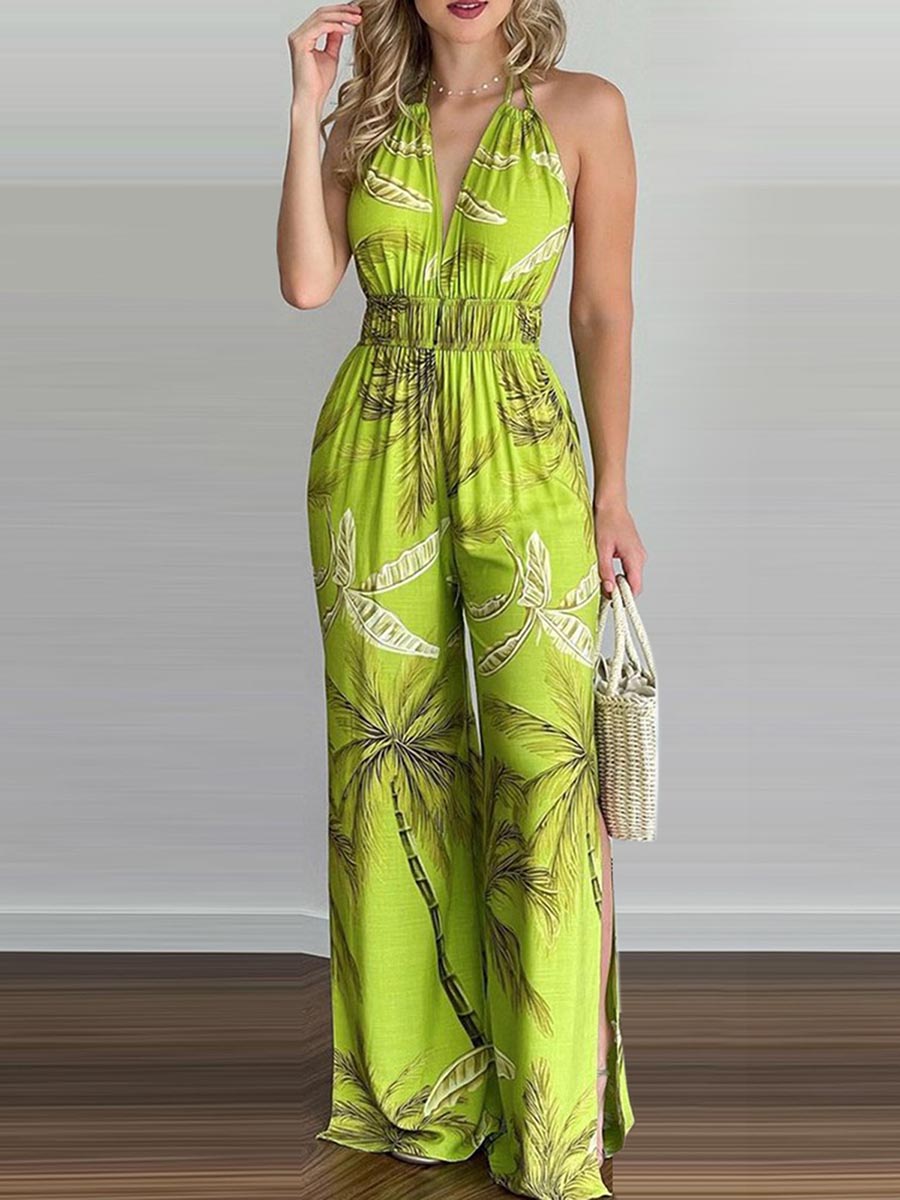 Bellevoga Printed Hanging Neck Sexy Backless Split Jumpsuit