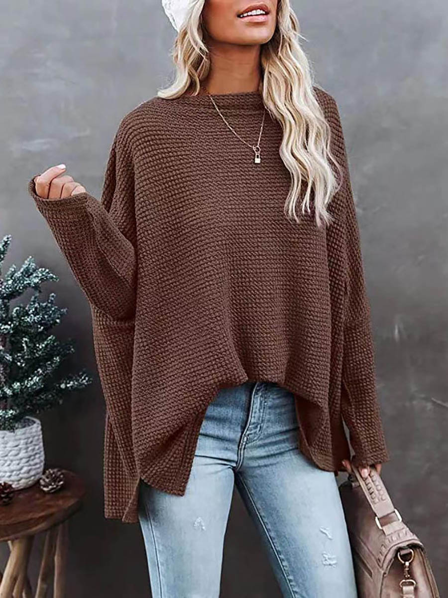 Bellevoga Solid Color Knitted Bat Long Sleeve Sweater