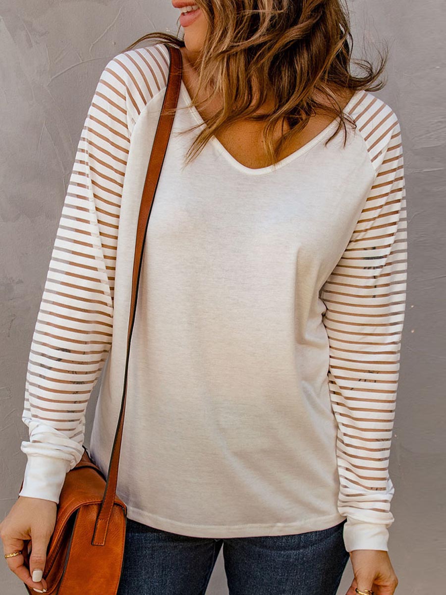 Bellevoga Hollow Striped Long Sleeve V-Neck Top(6 colors)