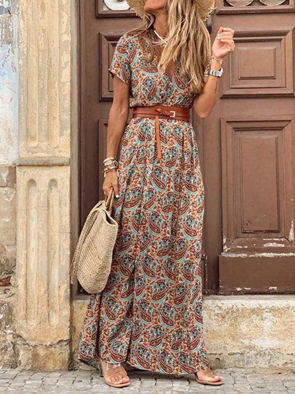 Bellevoga Boho Style V-neck Floral Belt Dress (7 colors)