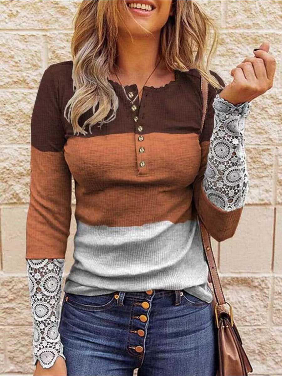 Bellevoga Round Neck Stitching Lace Long Sleeve T-Shirt(14 colors)