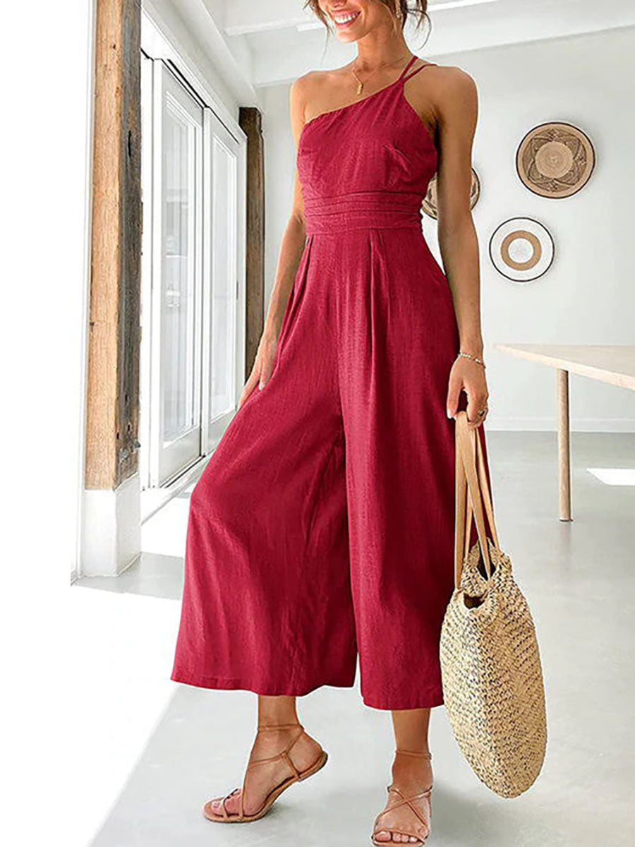 Bellevoga Chic Journey One Shoulder Straps Wide Leg Jumpsuit（8 colors）