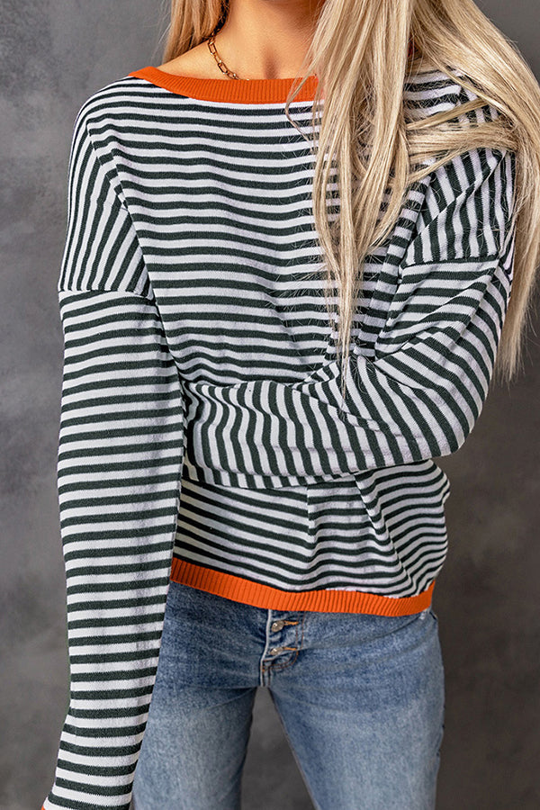 Bellevoga Striped Color Contrast Dropped Shoulder Long Sleeve Top