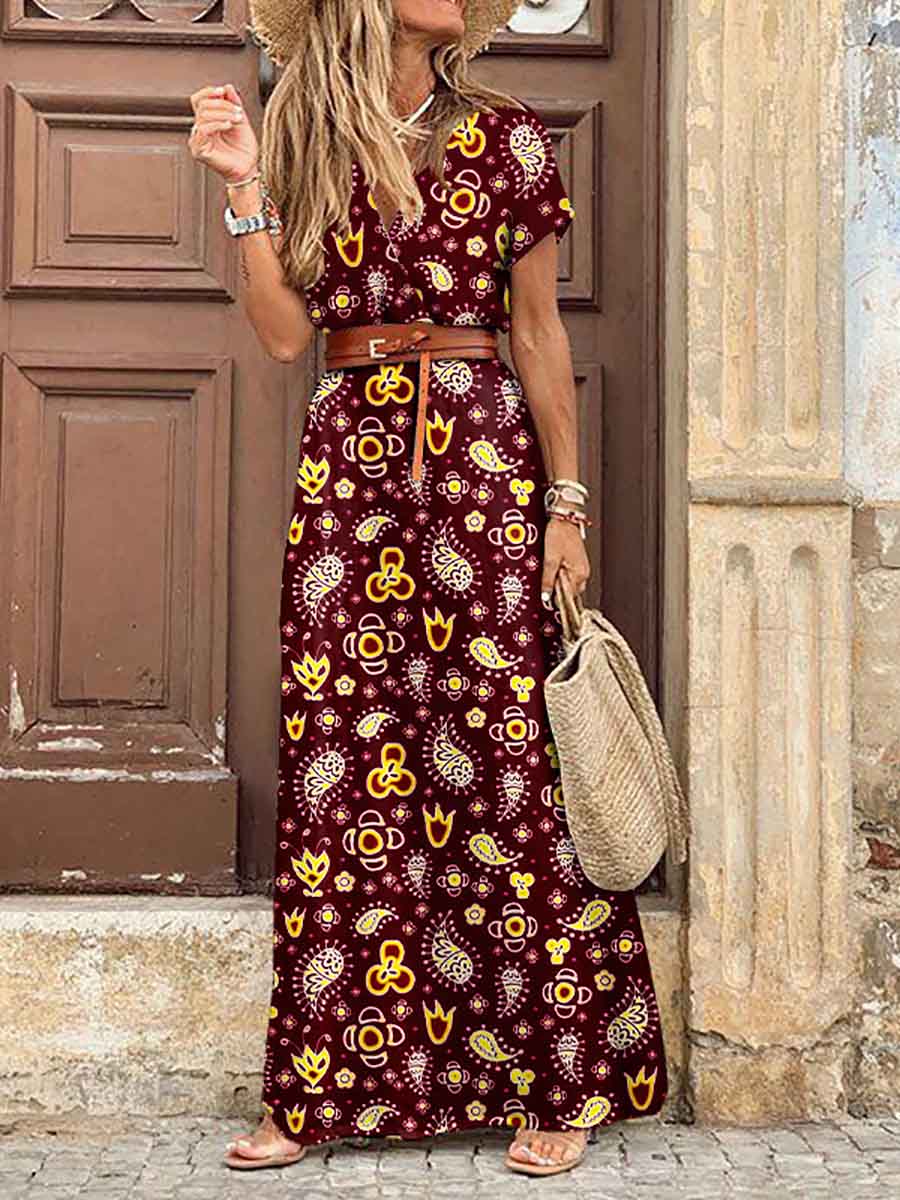 Bellevoga Boho Style V-neck Floral Belt Dress (7 colors)