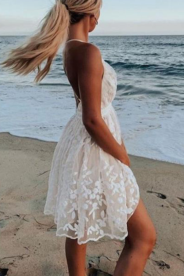 Bellevoga V-Neck Lace Embroidered White Dress