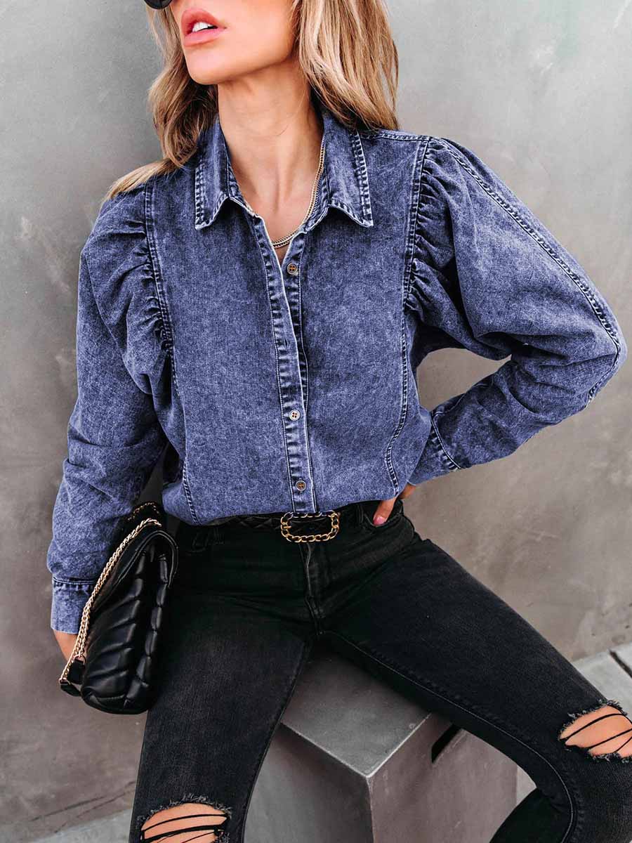 Bellevoga Casual Fashion Loose Long Sleeve Denim Shirt