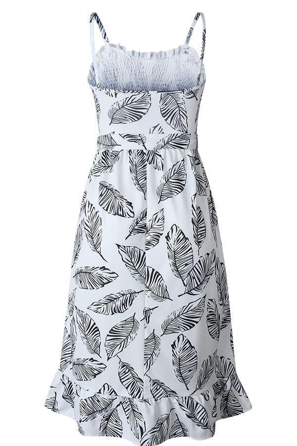 Bellevoga Sleeveless Leaf Print Spaghetti Strap Casual Wear Dress