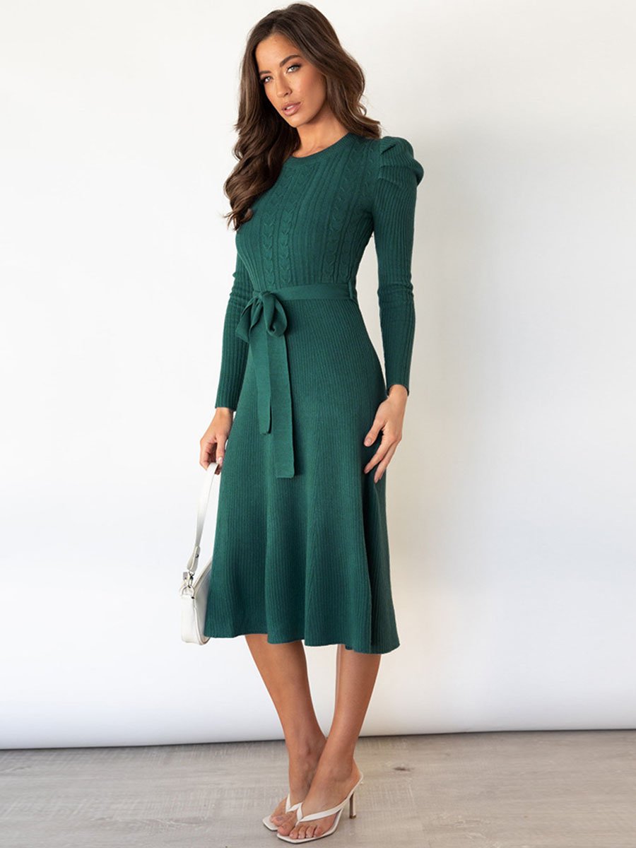 Bellevoga Bubble Sleeve Belt Knit Dress (5 colors)