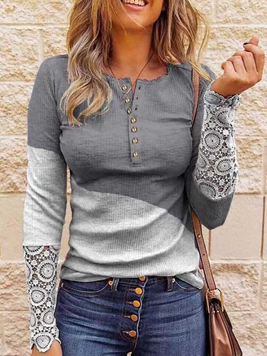 Bellevoga Round Neck Stitching Lace Long Sleeve T-Shirt(14 colors)