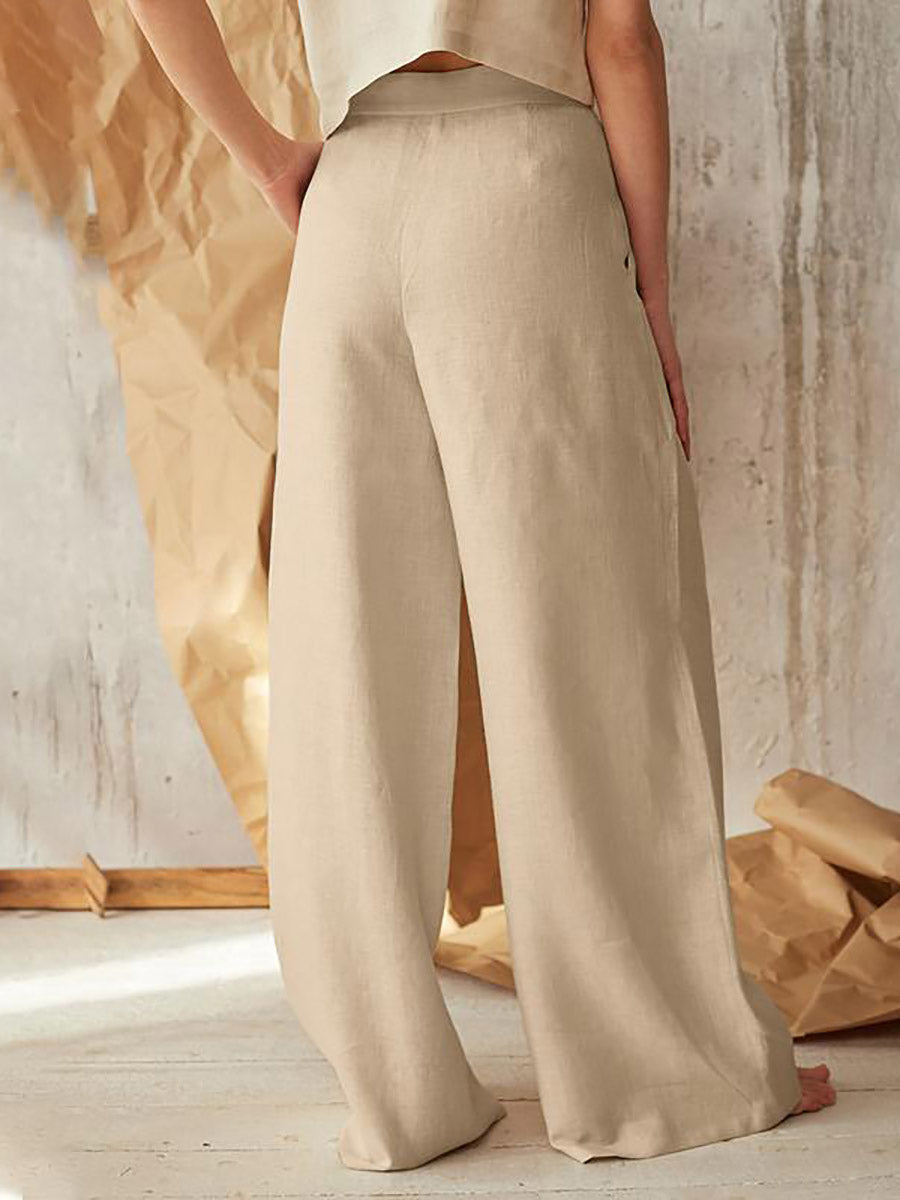 Bellevoga Solid Color High Waist Casual Button Wide Leg Pants