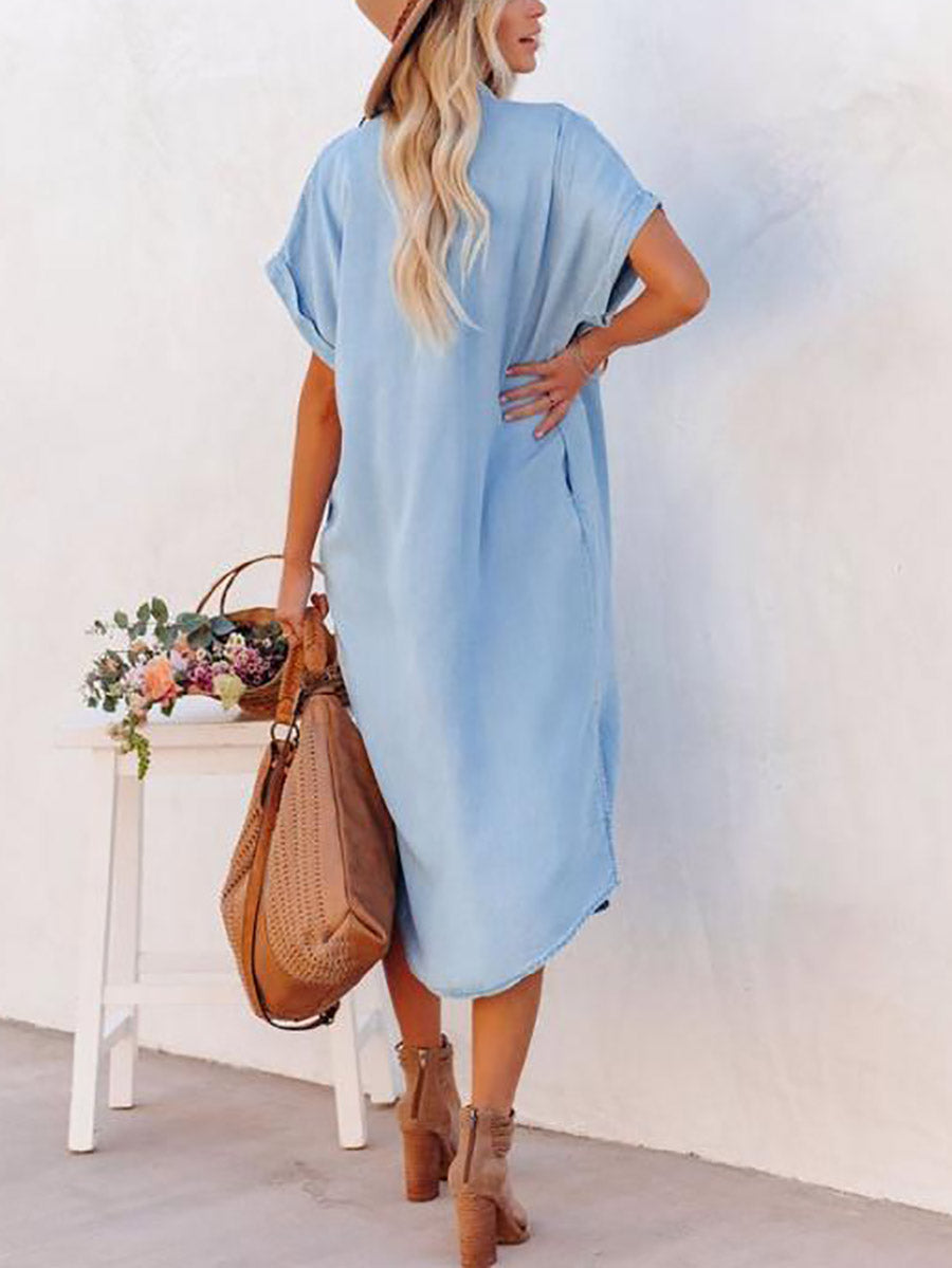 Bellevoga Solid Color Denim Dress