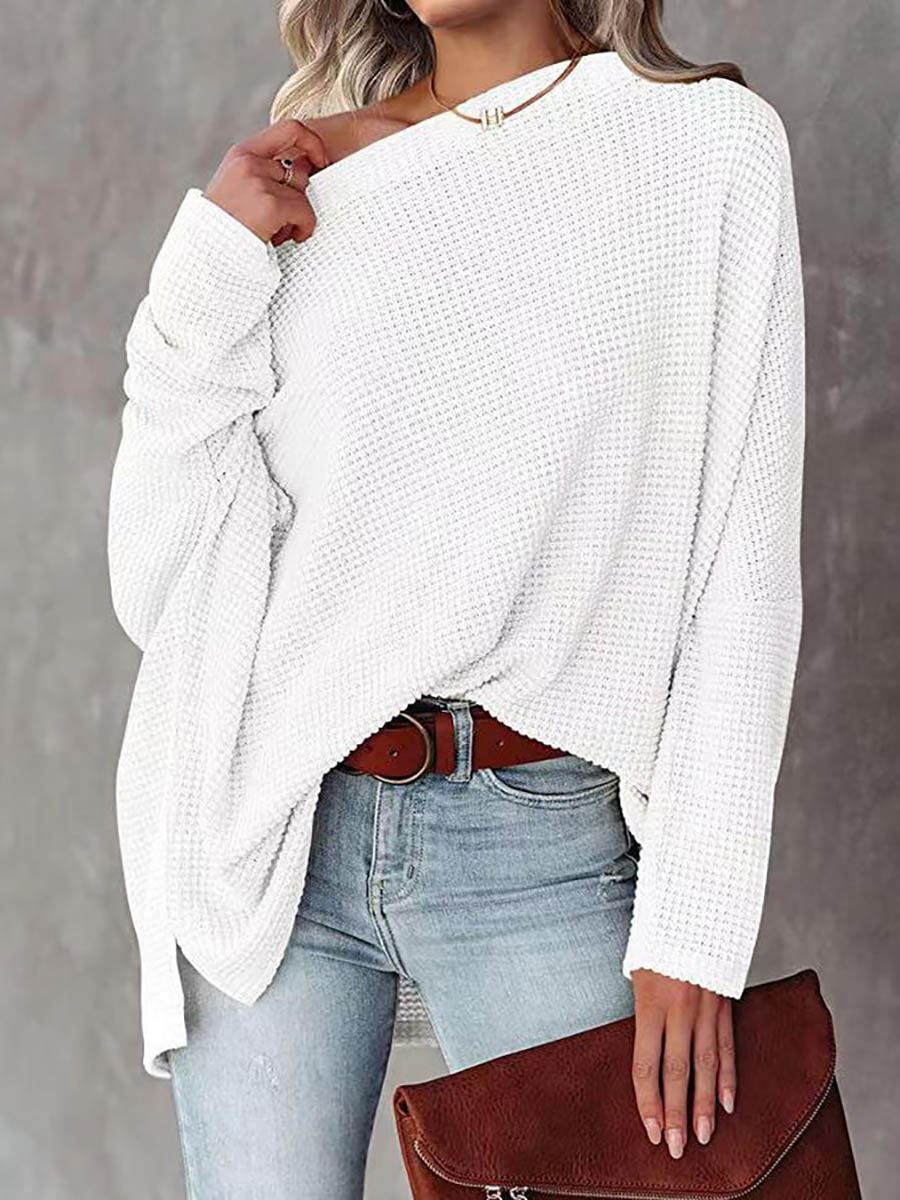 Bellevoga Solid Color Knitted Bat Long Sleeve Sweater