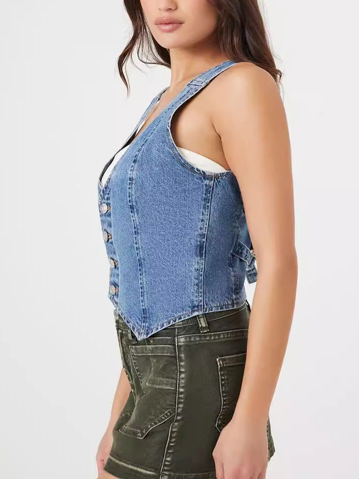 Casual V-Neck Denim Vest