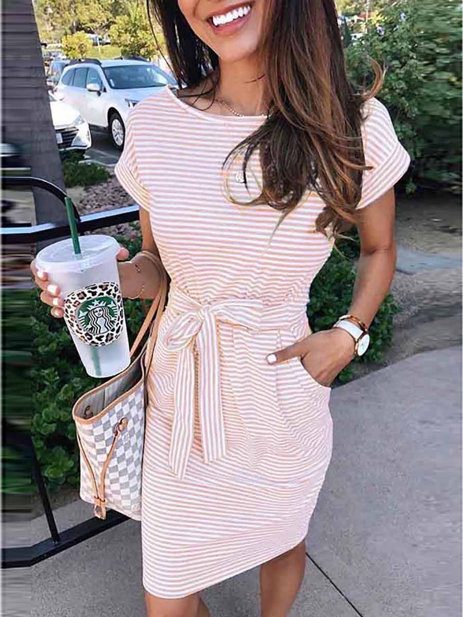 Bellevoga Short Sleeve Pinstripe Round Neck Casual Wear Dress