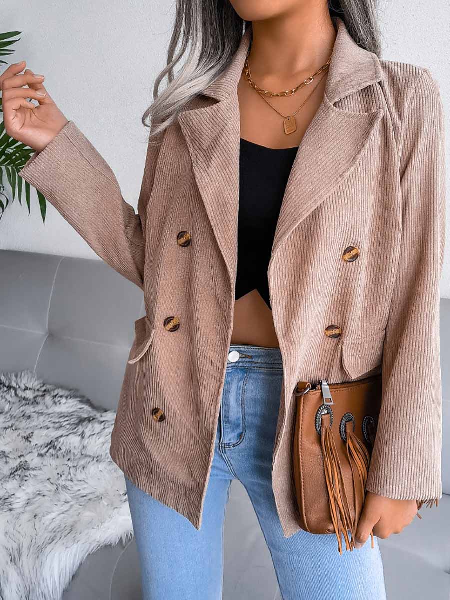 Bellevoga Solid Color Corduroy Fashion Double-Breasted Jacket