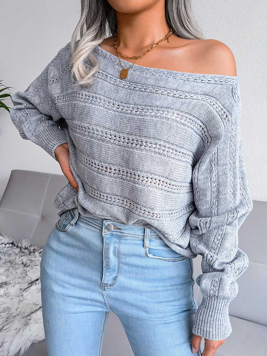 Bellevoga Casual Pierced Patchwork Off the Shoulder Sweater(3 Colors)