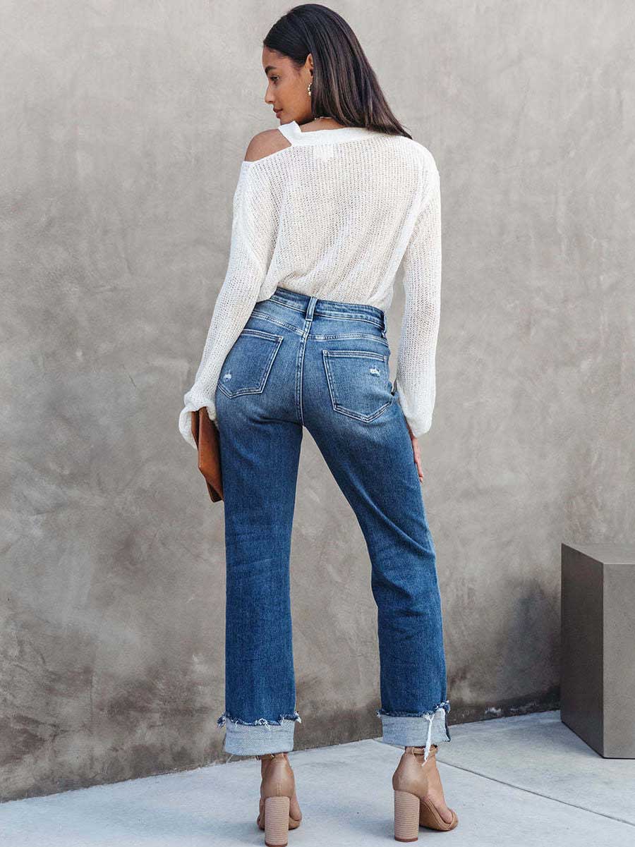 Bellevoga Casual Street Solid Make Old Asymmetrical Straight Denim Jeans