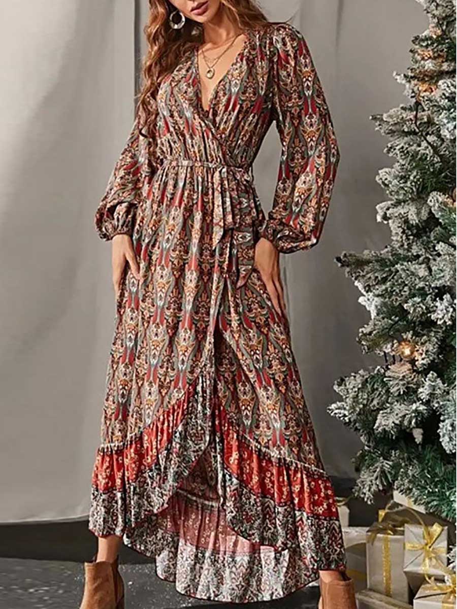 Retro Slim Waist Tie Bohemian Print Jumpsuit Group Dress