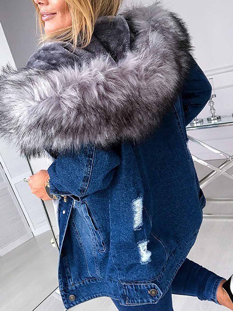 Bellevoga Padded Warm Hole Large Fur Collar Denim Jacket(4 colors)