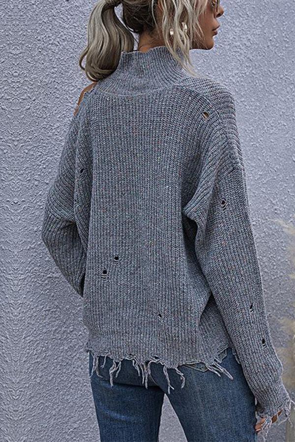 Bellevoga Loose Off-shoulder Ripped Long-sleeved High-neck Knitted Sweater