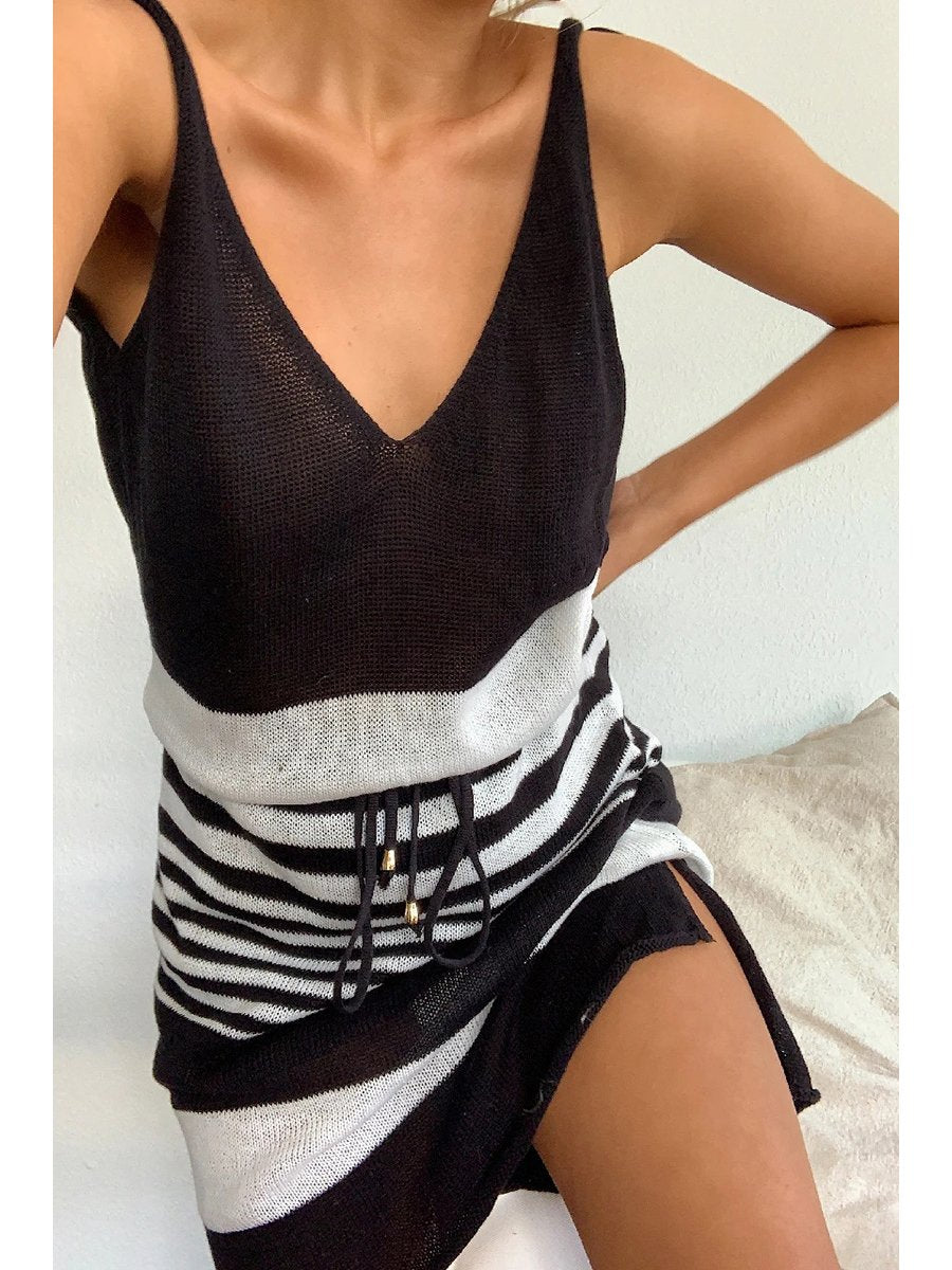 Straps V-neck Striped Belt Knit Mini Dress