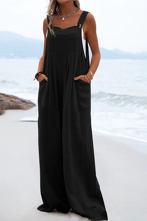 Bellevoga Ethnic Button Suspender Wide Leg Line Jumpsuit