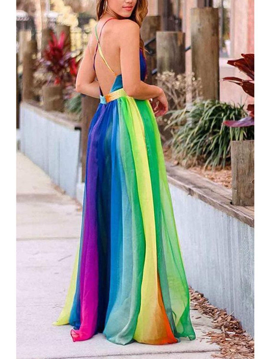 V-neck Colorblock Striped Sphagetti Maxi Dress