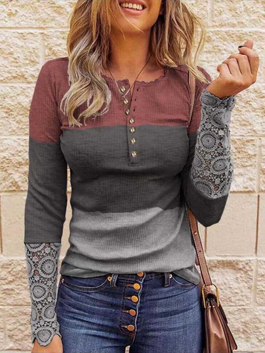 Bellevoga Round Neck Stitching Lace Long Sleeve T-Shirt(14 colors)