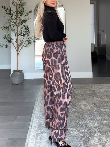 Leopard Print Casual Wide-Leg Pants