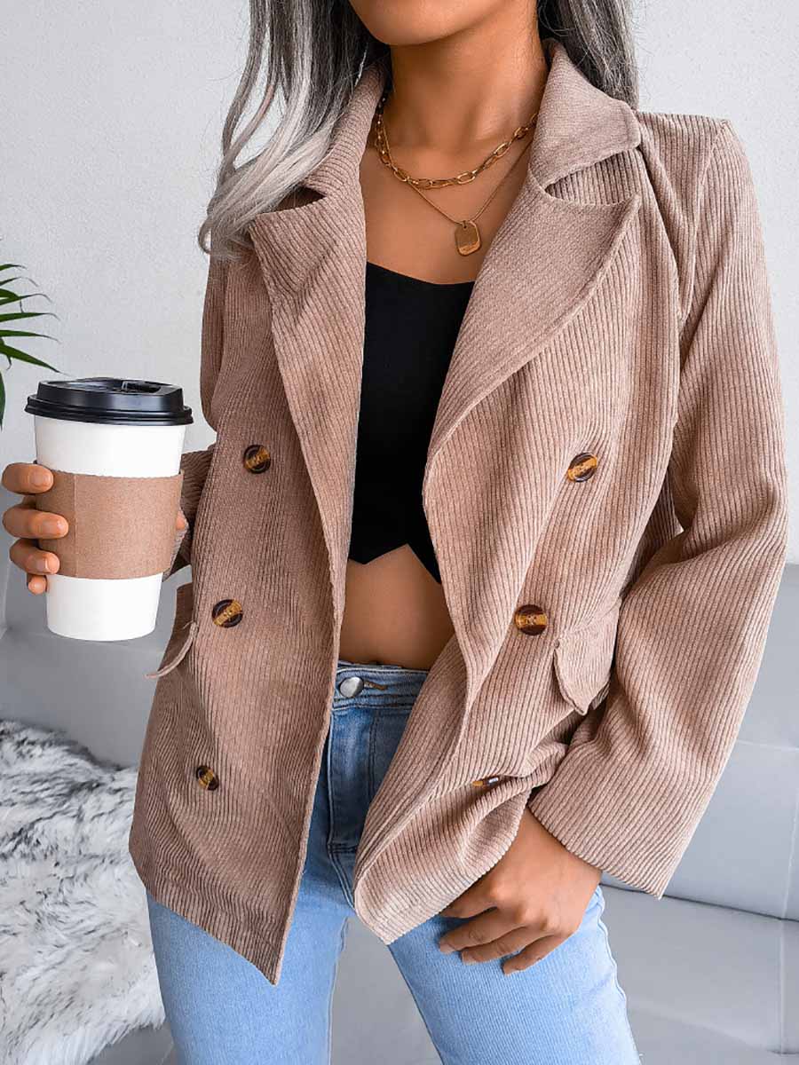 Bellevoga Solid Color Corduroy Fashion Double-Breasted Jacket