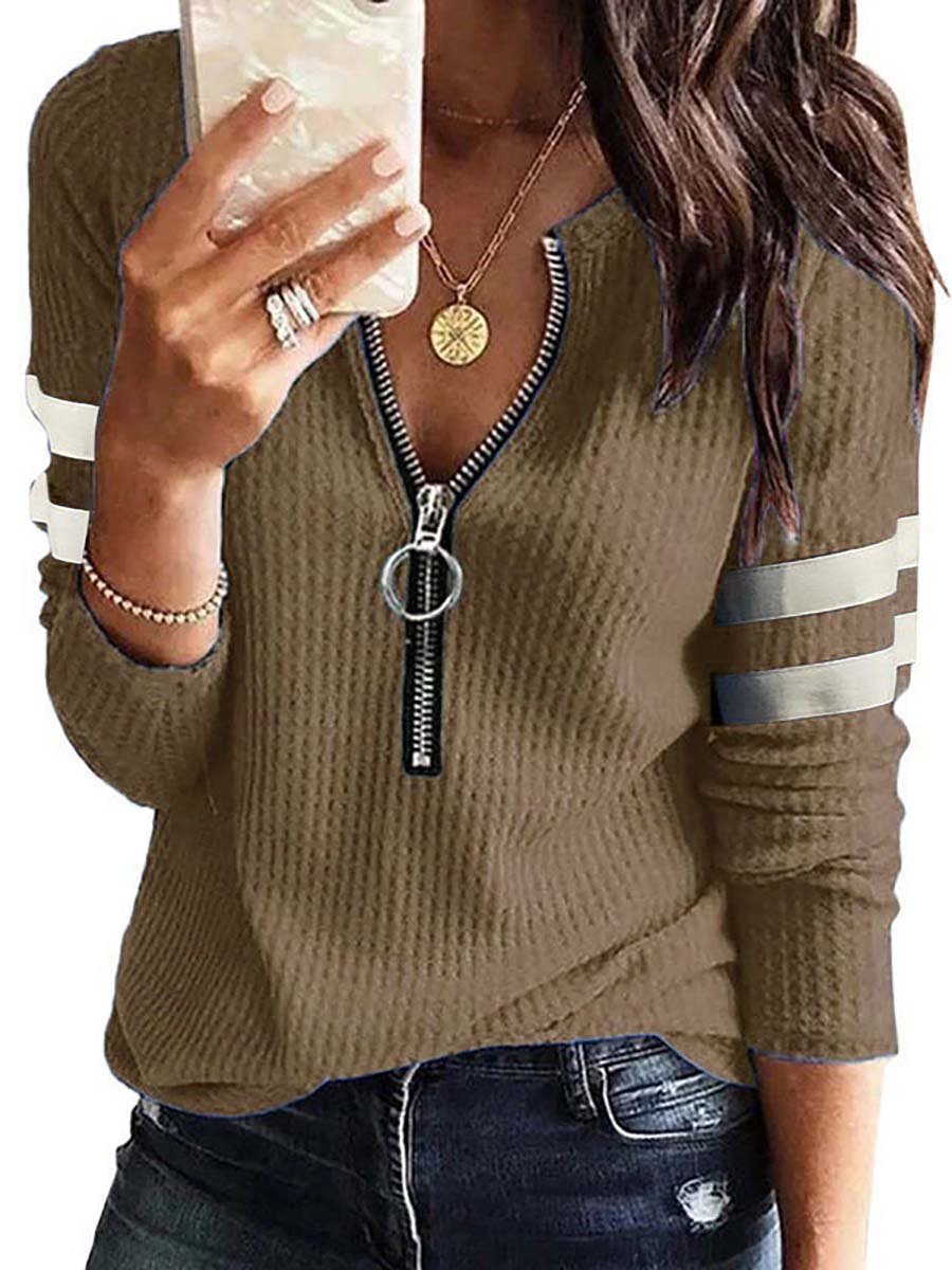 Bellevoga V-Neck Zipper Splicing Long Sleeve T-shirt(6 colors)