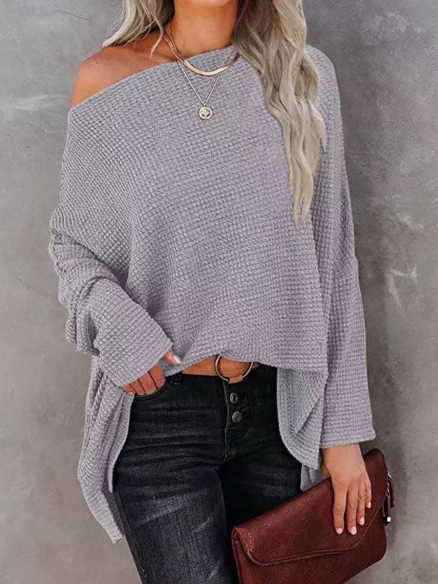 Bellevoga Solid Color Knitted Bat Long Sleeve Sweater