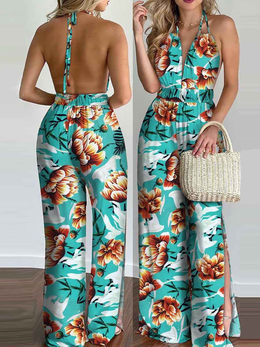 Bellevoga Printed Hanging Neck Sexy Backless Split Jumpsuit