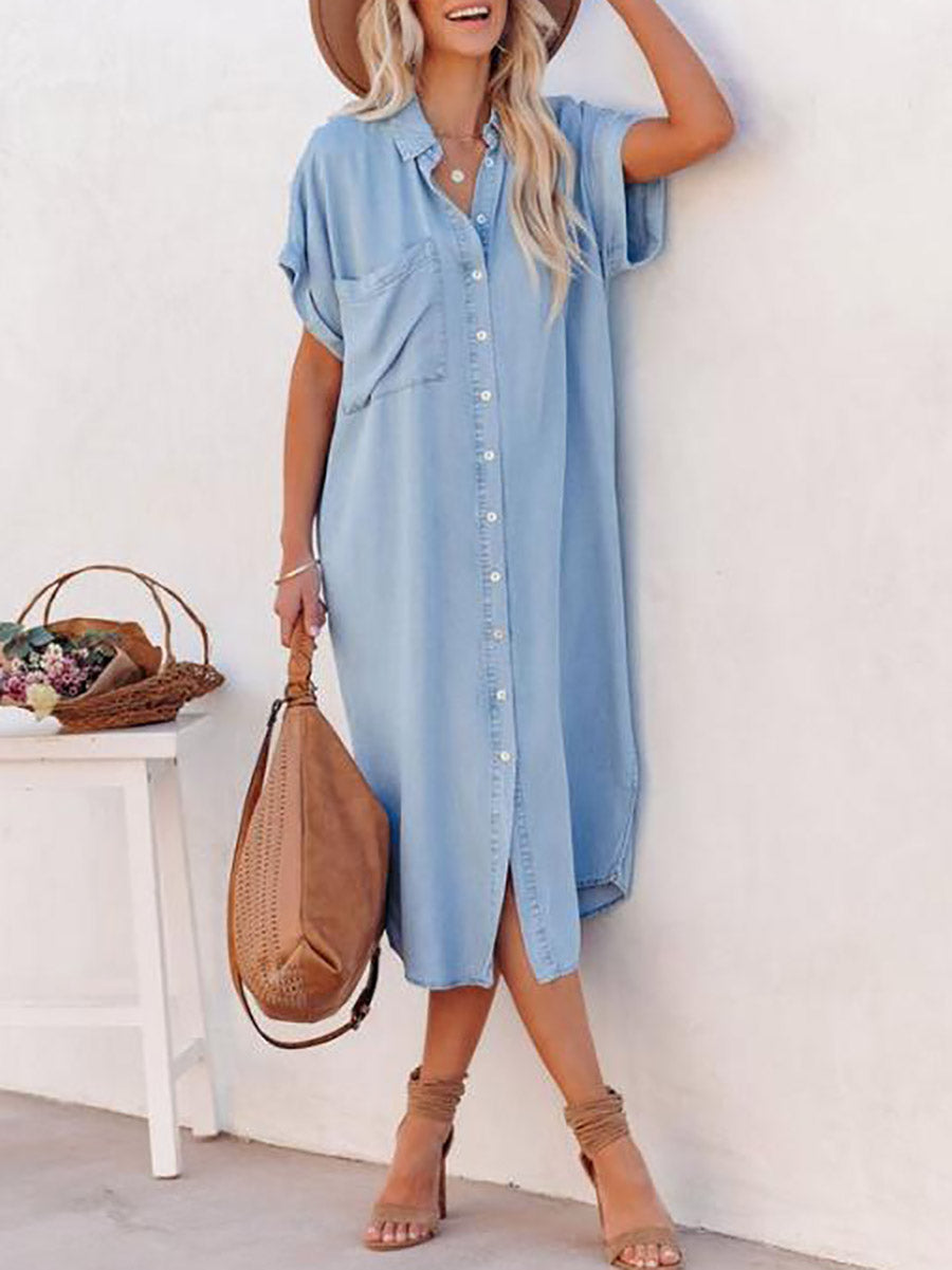 Bellevoga Solid Color Denim Dress