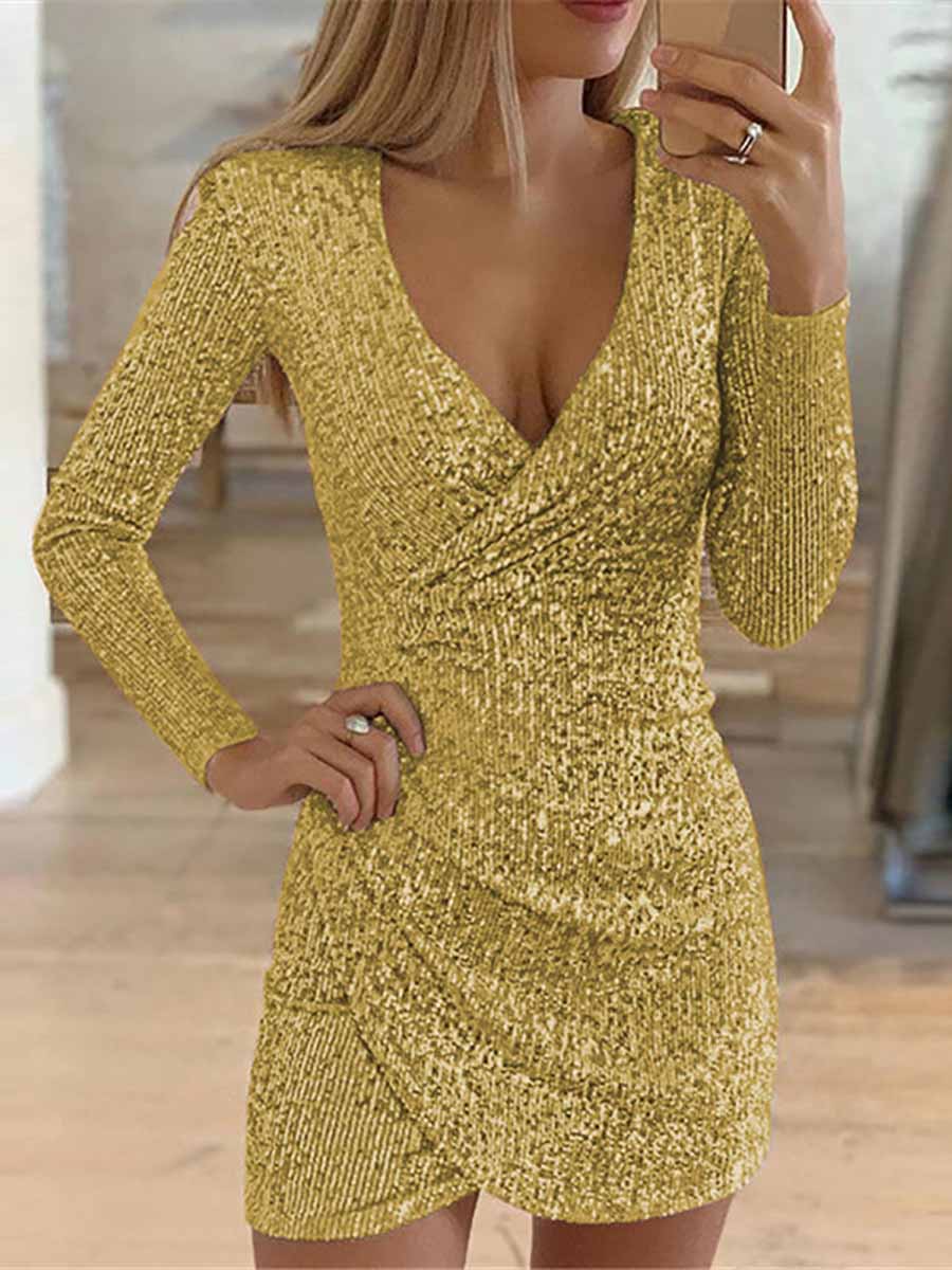 Bellevoga V-Neck Irregular Sequin Party Dress(9 colors)