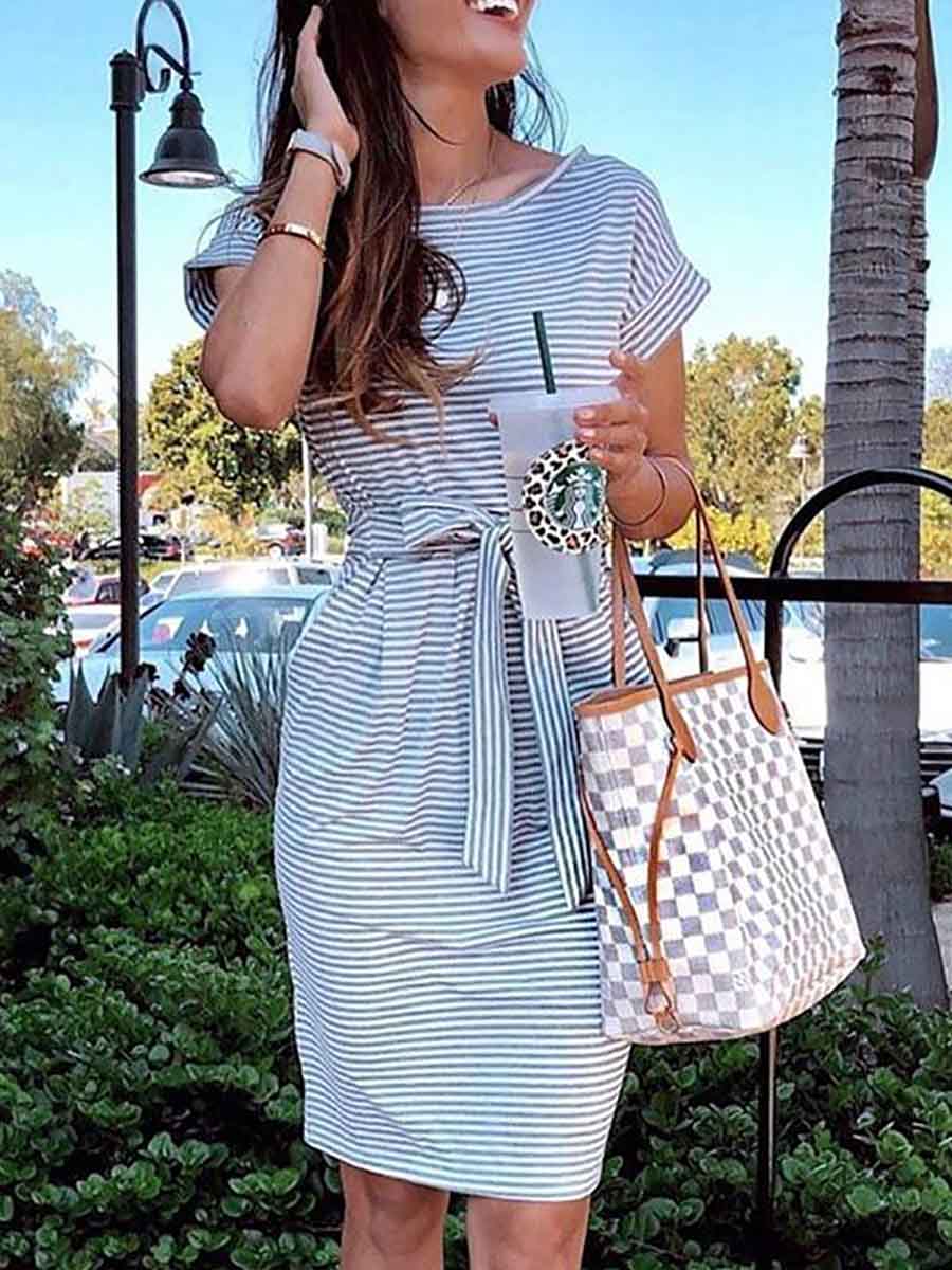 Bellevoga Short Sleeve Pinstripe Round Neck Casual Wear Dress