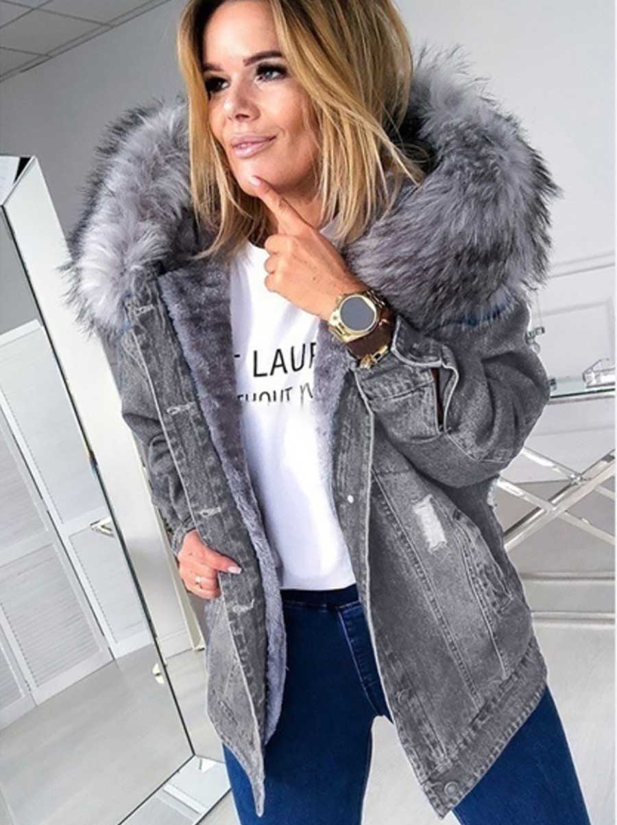 Bellevoga Padded Warm Hole Large Fur Collar Denim Jacket(4 colors)