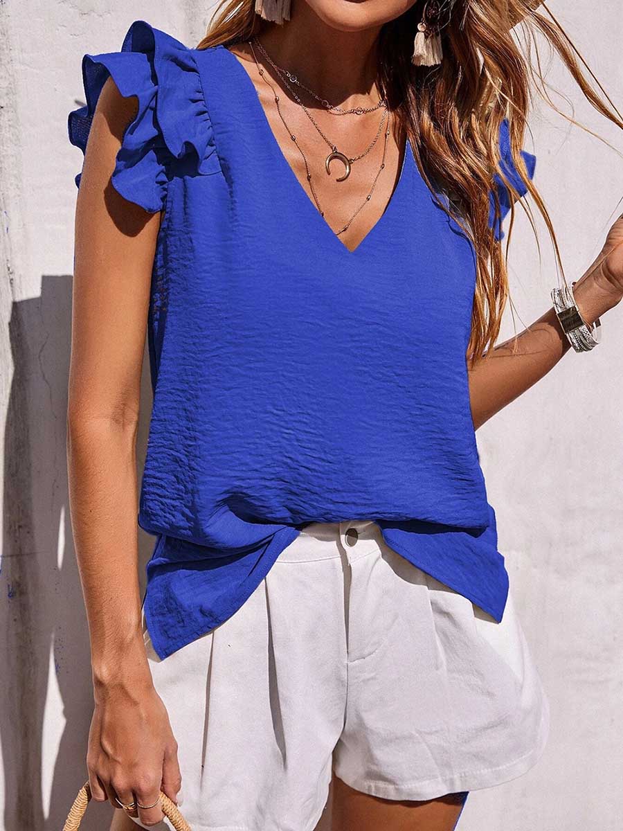 Bellevoga Casual V-Neck Ruffle Sleeveless Shirt (5 Colors)