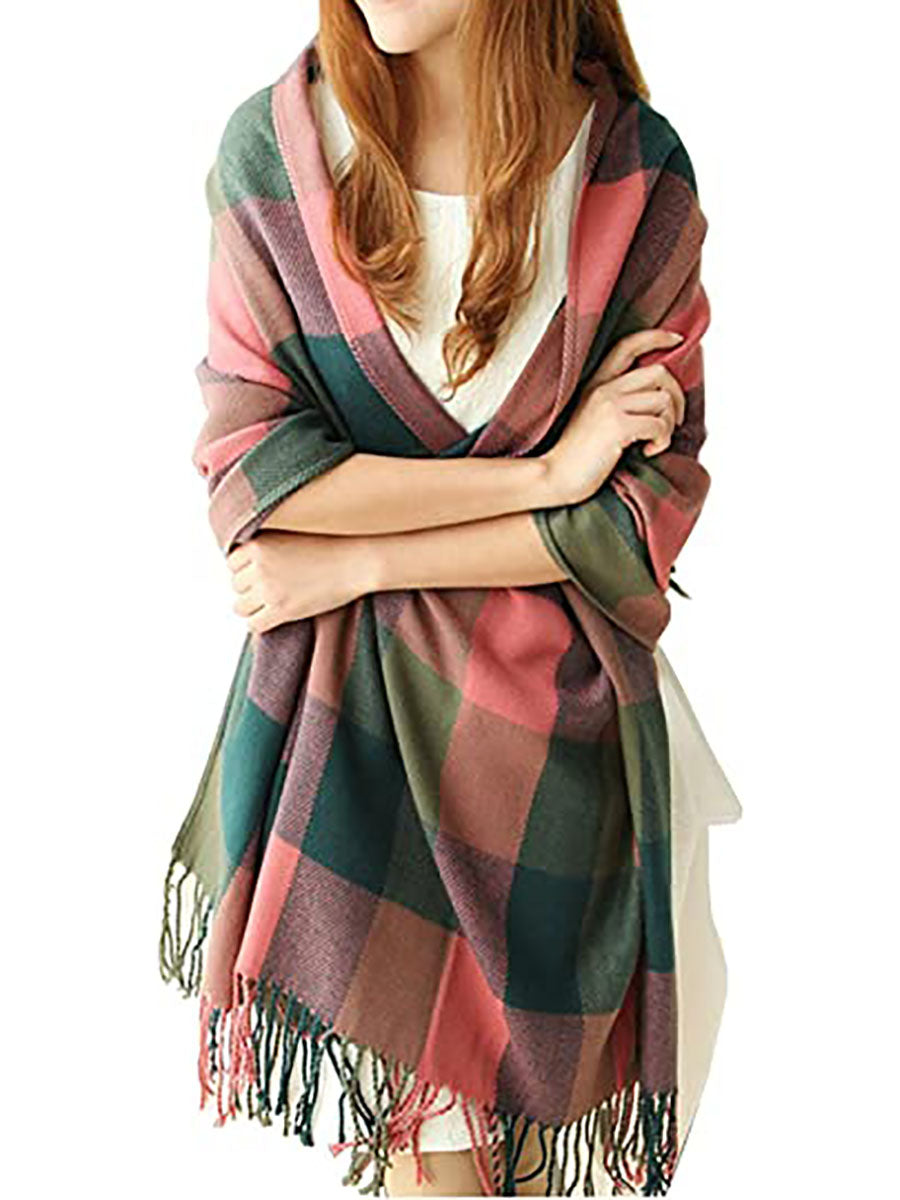 Bellevoga Warm Plaid Tassel Scarf