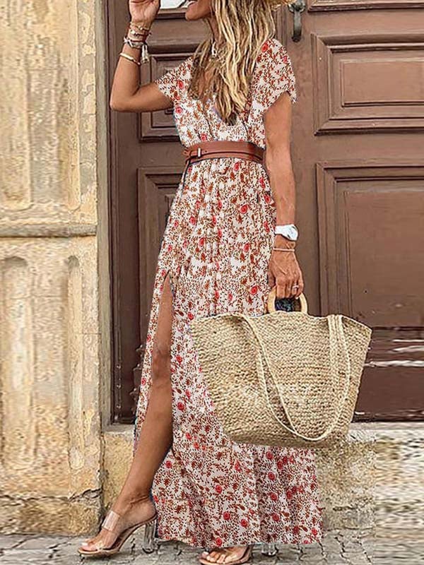 Bellevoga Boho Style V-neck Floral Belt Dress (7 colors)