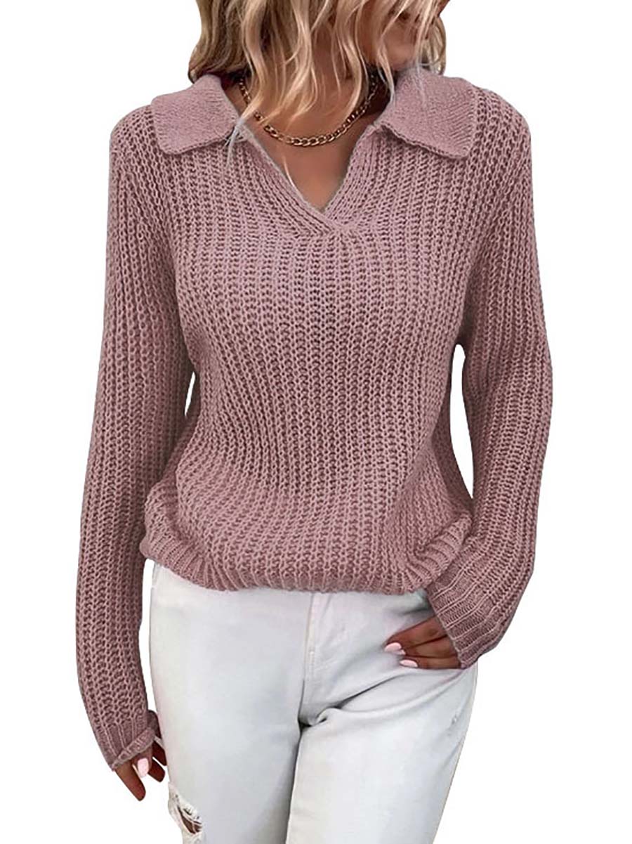 Bellevoga Solid Color Lapel Slim Fit Knit Sweater(9 colors)